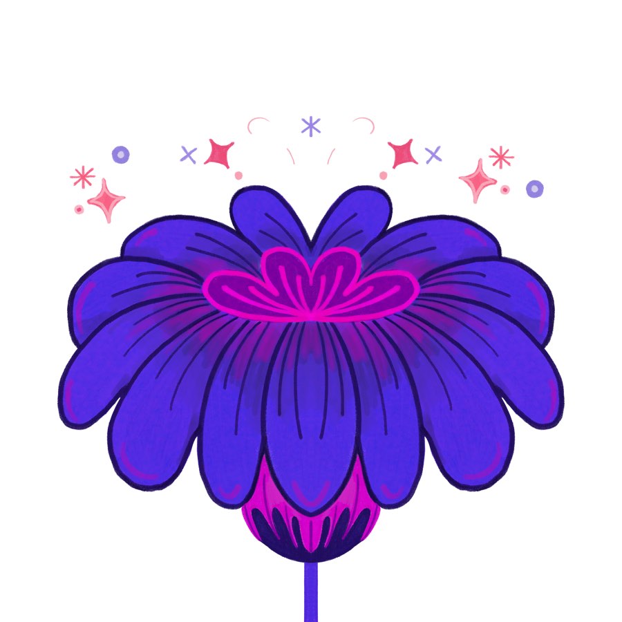 A single stylised violet and blue flower on a slender stem.