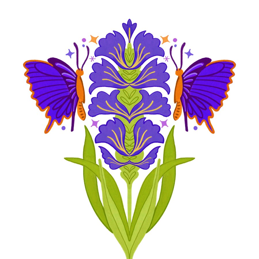 Symmetrical print of a purple lavender-like stalk flanked by two violet butterflies.