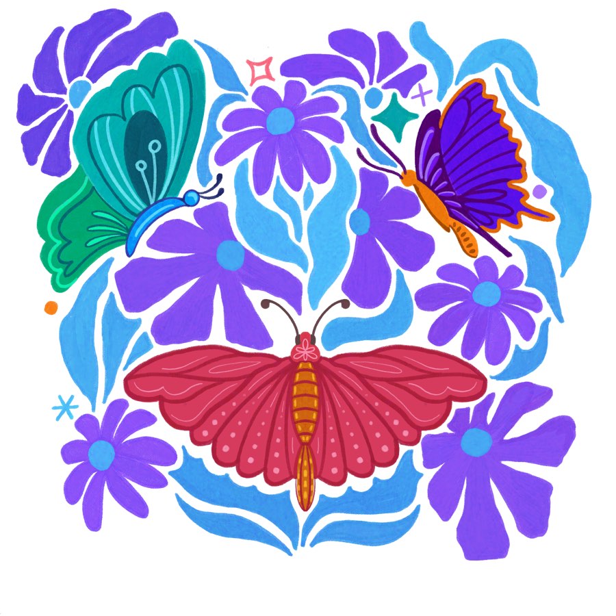 Seamless repeat of the butterfly garden in a cooler colorway with more teal and blue.