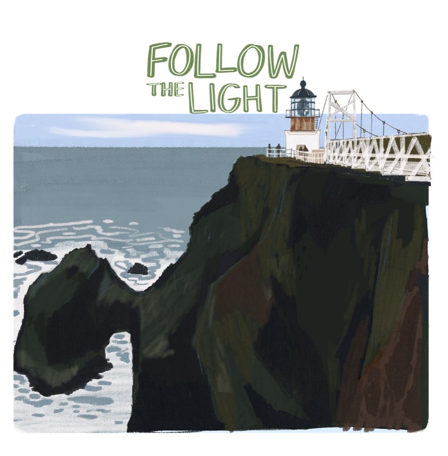 Illustrated print of a clifftop lighthouse above the ocean, titled 'Follow the light'.