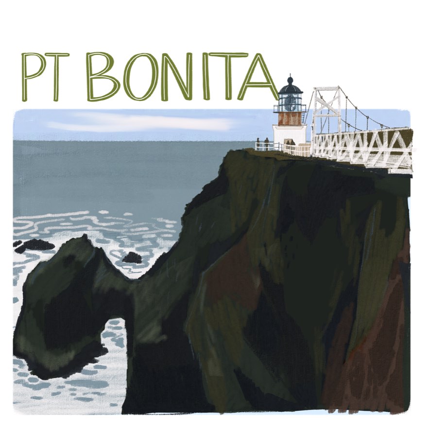 Illustrated print of Point Bonita: a lighthouse and suspension footbridge on a dark sea cliff.