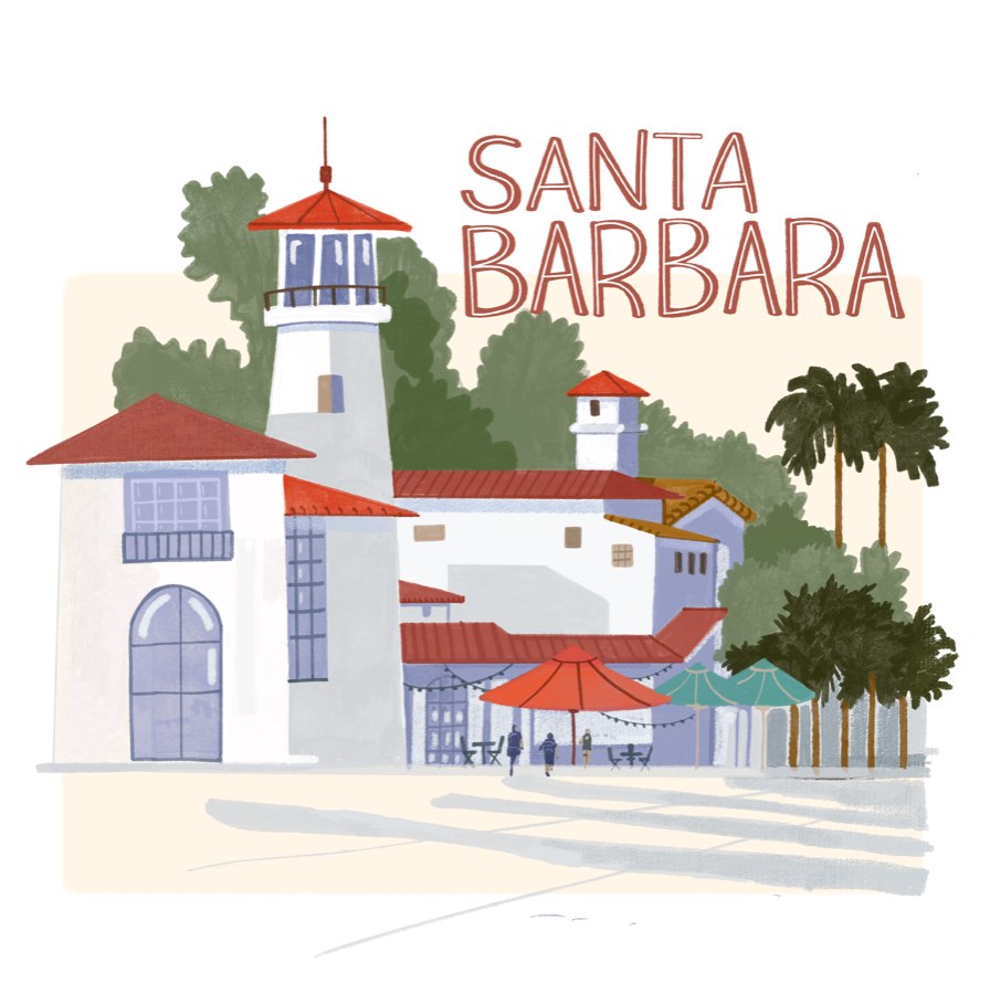 Illustrated print of Santa Barbara: white stucco buildings with red tile roofs, palms and café umbrellas.