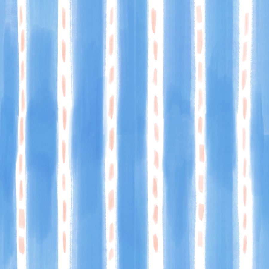 Seamless repeat of painted vertical stripes in sky blue with a dashed blush line.