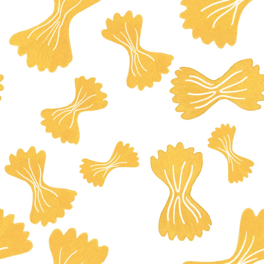 Small-scale seamless coordinate of yellow farfalle bows on white.