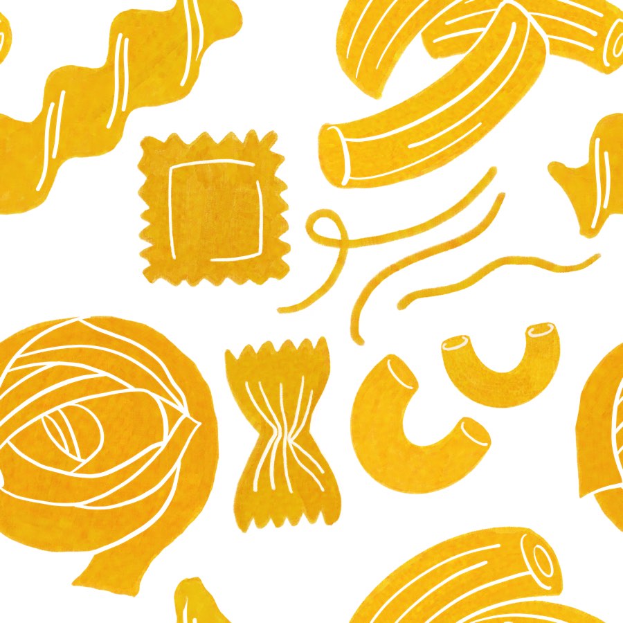 Seamless repeat of drawn pasta shapes — ravioli, fusilli, penne, farfalle — in yellow on cream.