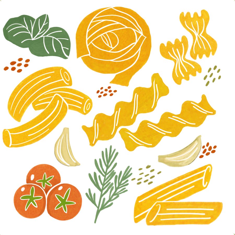 Seamless repeat of pasta shapes at a larger scale in yellow on cream.