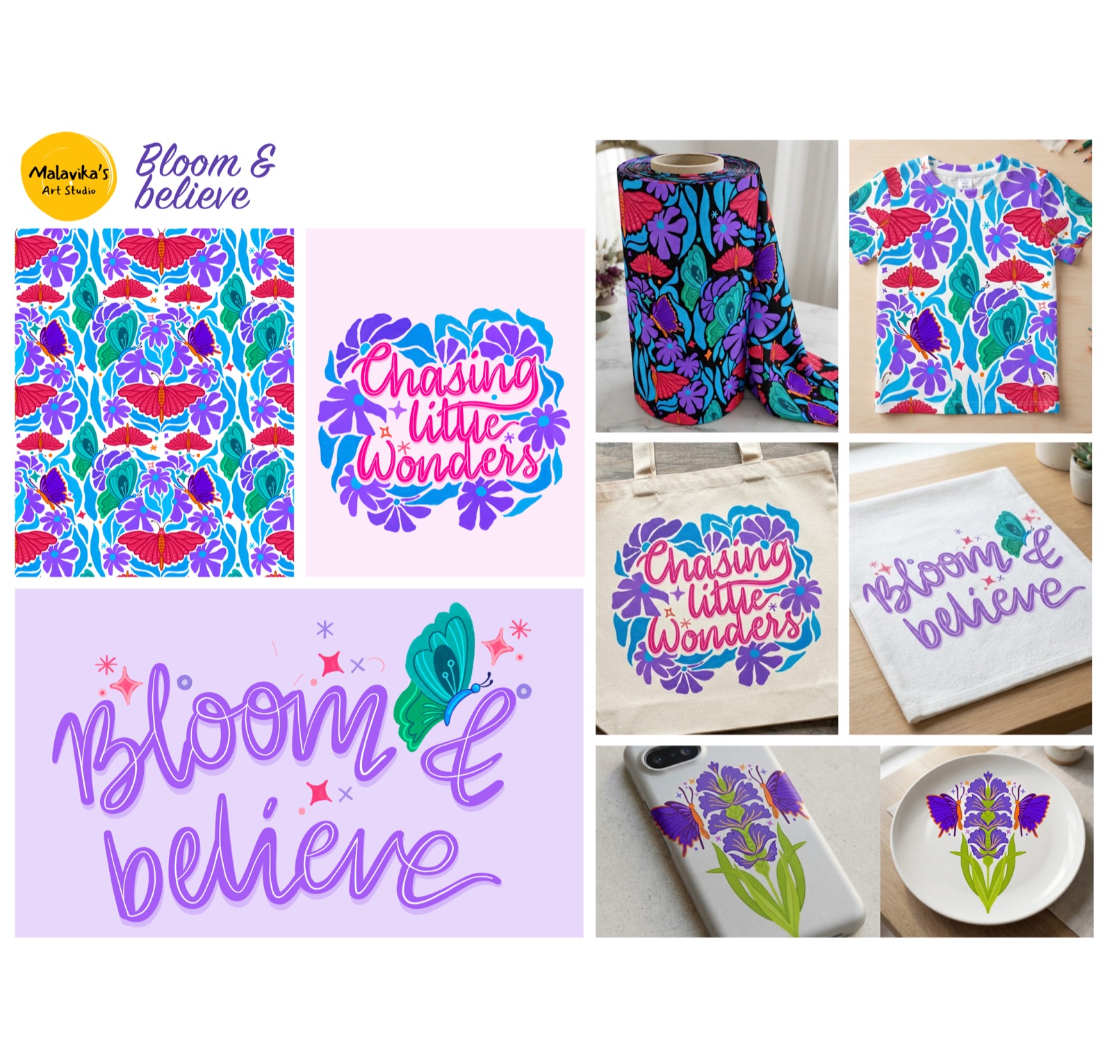 Bloom and Believe repeats shown as printed yardage and on a tee, tote bag, tea towel, phone case and plate.