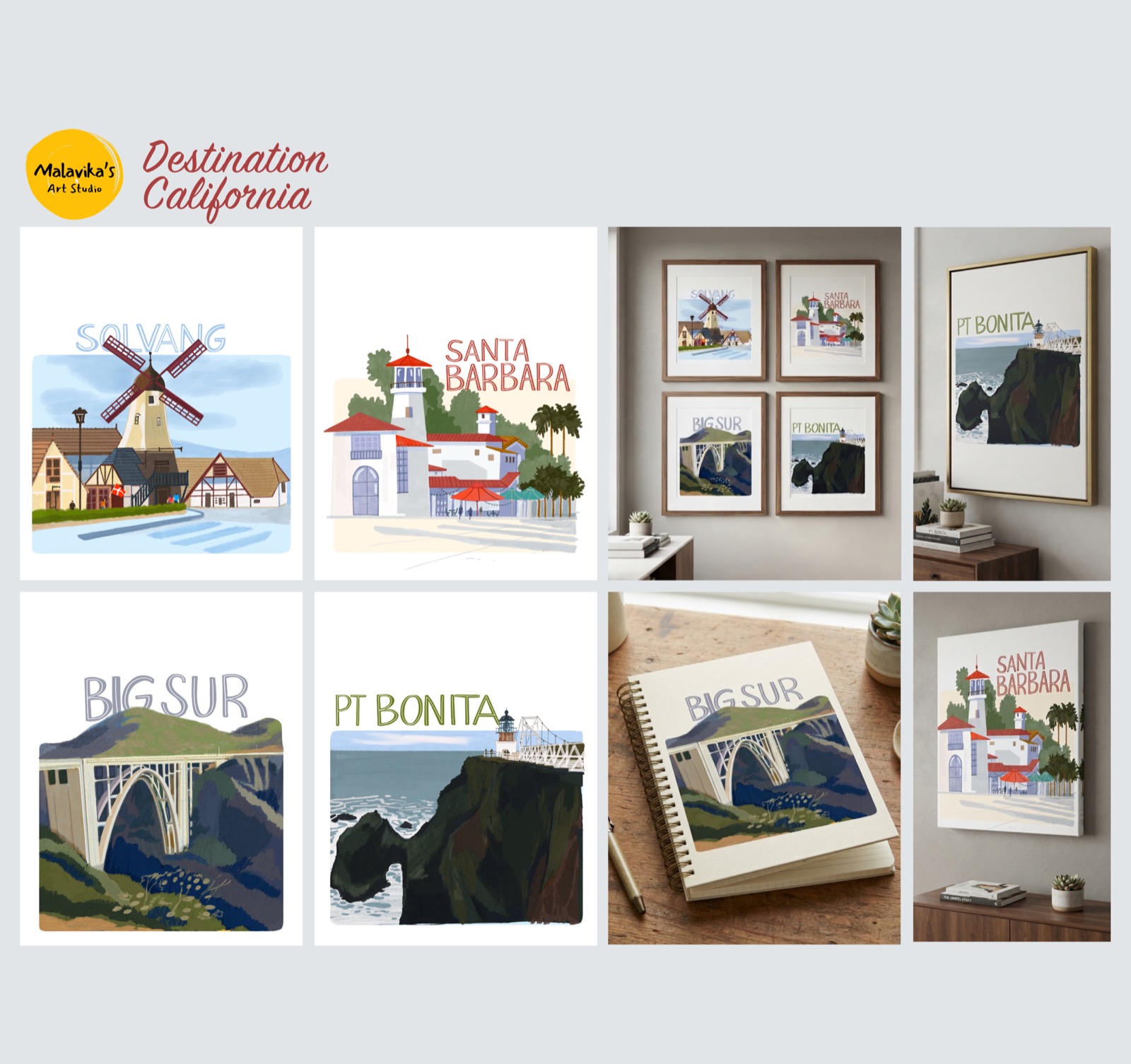 Destination California prints shown framed as a gallery wall, on stretched canvas and on a spiral notebook.