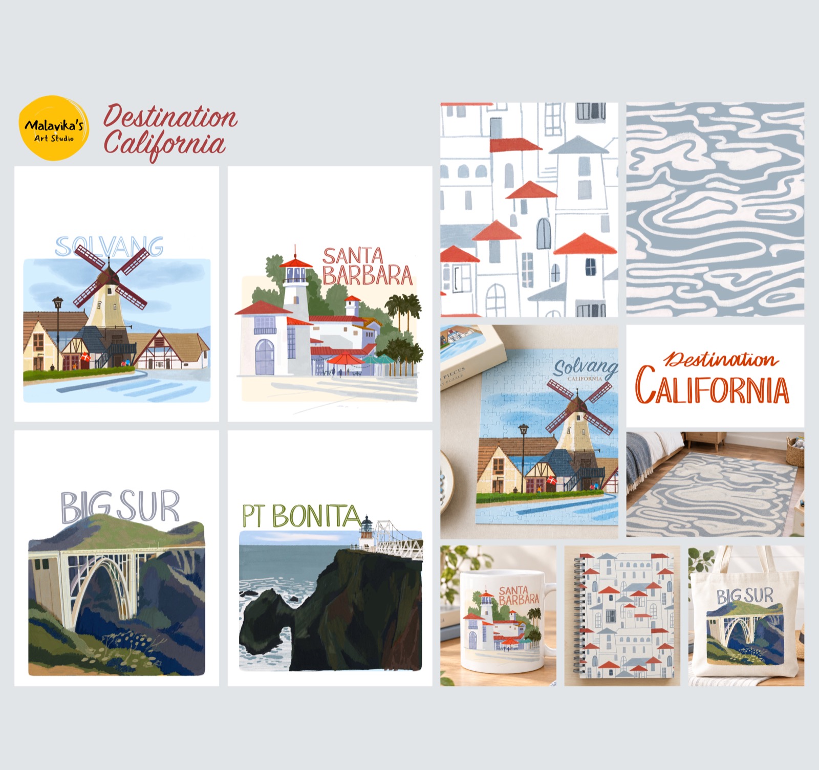 Destination California applied to a jigsaw puzzle, an area rug, a mug, a spiral notebook and a tote bag.