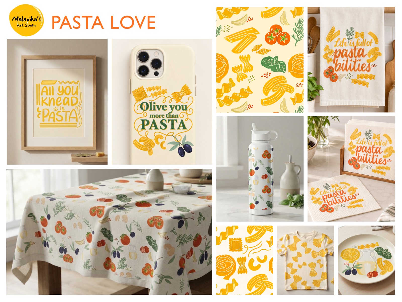 Pasta Love applied to products: a framed print, phone case, printed tablecloth, insulated bottle, tea towel, napkins, tee and dinner plate.