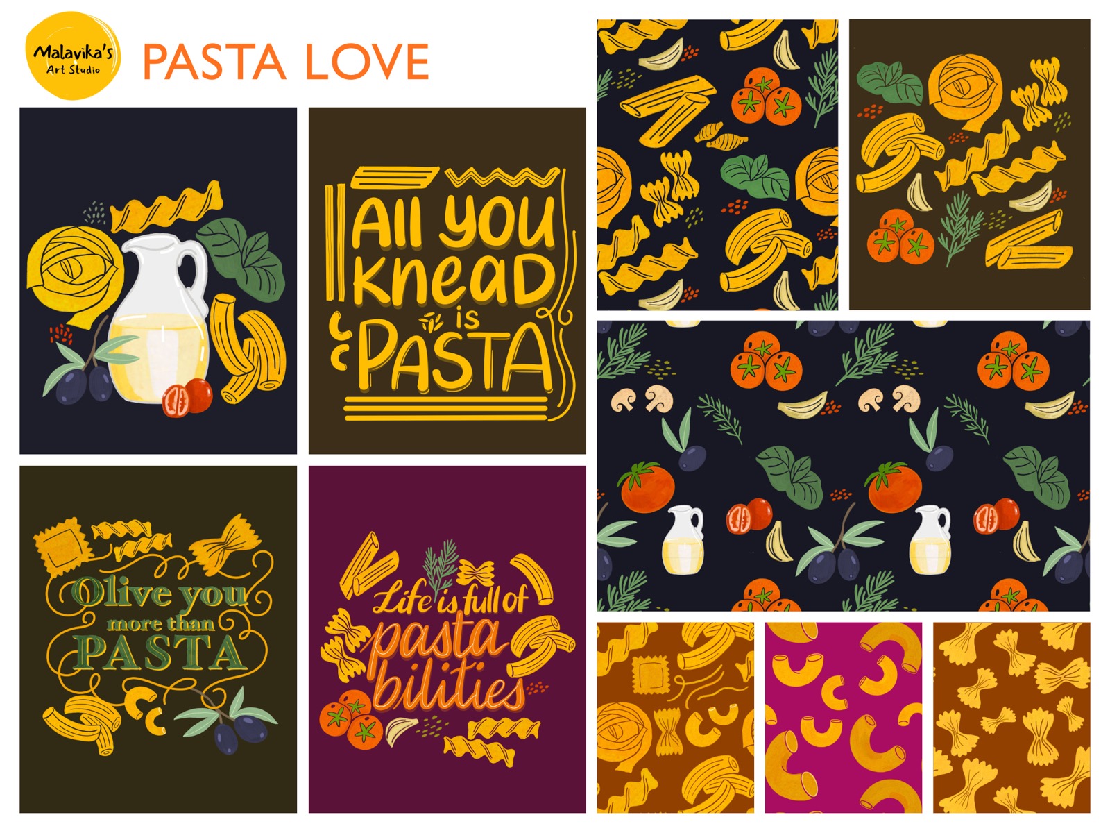Pasta Love in a dark colorway: the same prints and repeats on navy, chocolate and magenta grounds.