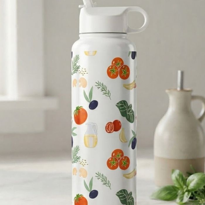 An insulated water bottle printed with the Pasta Love tomato and olive repeat.