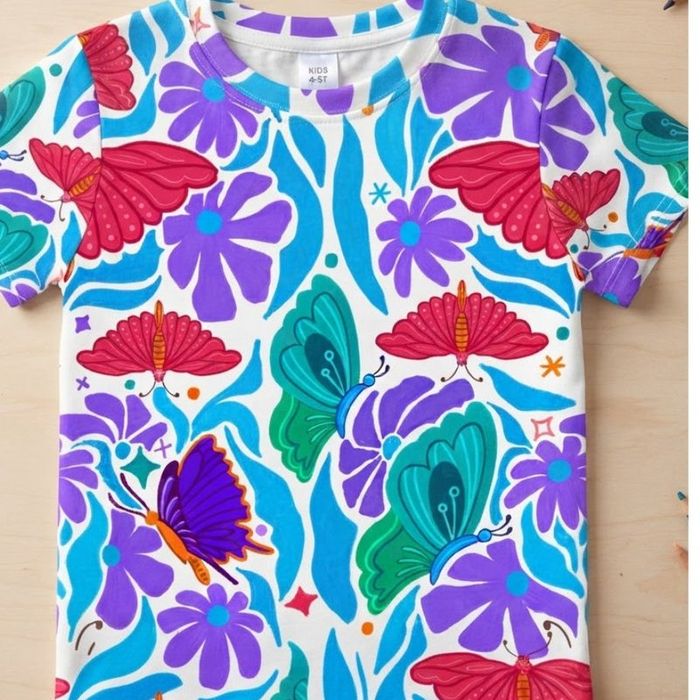 A t-shirt printed all over with the Bloom & Believe butterfly garden repeat.